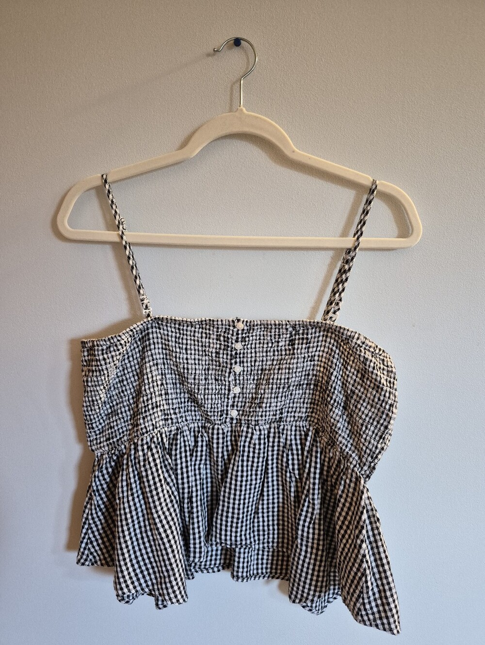 NWT American Eagle Black White Gingham Smocked Peplum Top Optional Straps Size L